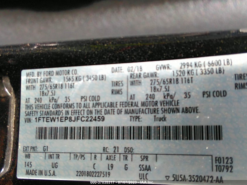 VIN 1FTEW1EP8JFC22459 2018 FORD F-150 XL/XLT/LARIAT