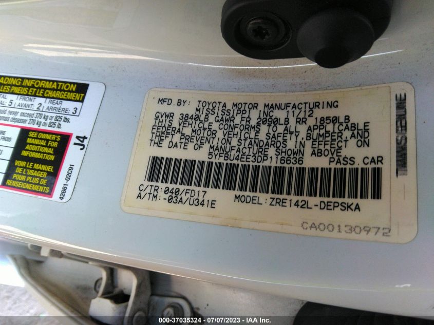 2013 TOYOTA COROLLA L/LE/S - 5YFBU4EE3DP116636
