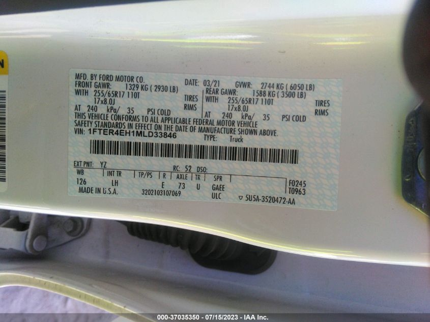 2021 FORD RANGER XL/XLT/LARIAT - 1FTER4EH1MLD33846