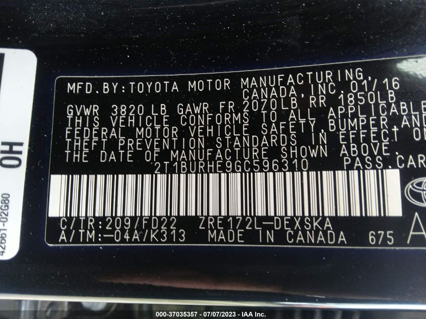 2016 TOYOTA COROLLA L/LE/LE PLS/PRM/S/S PLS - 2T1BURHE9GC596310