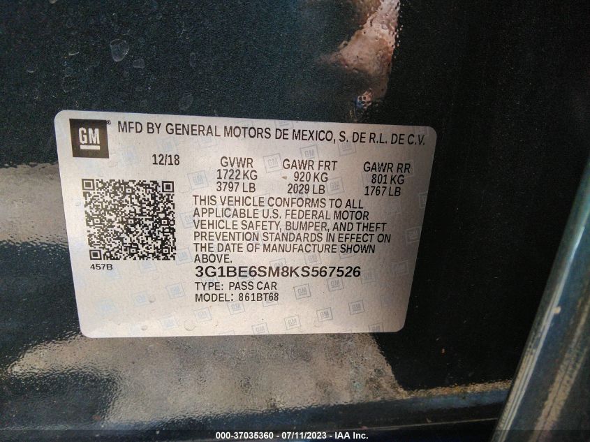 2019 CHEVROLET CRUZE LT - 3G1BE6SM8KS567526
