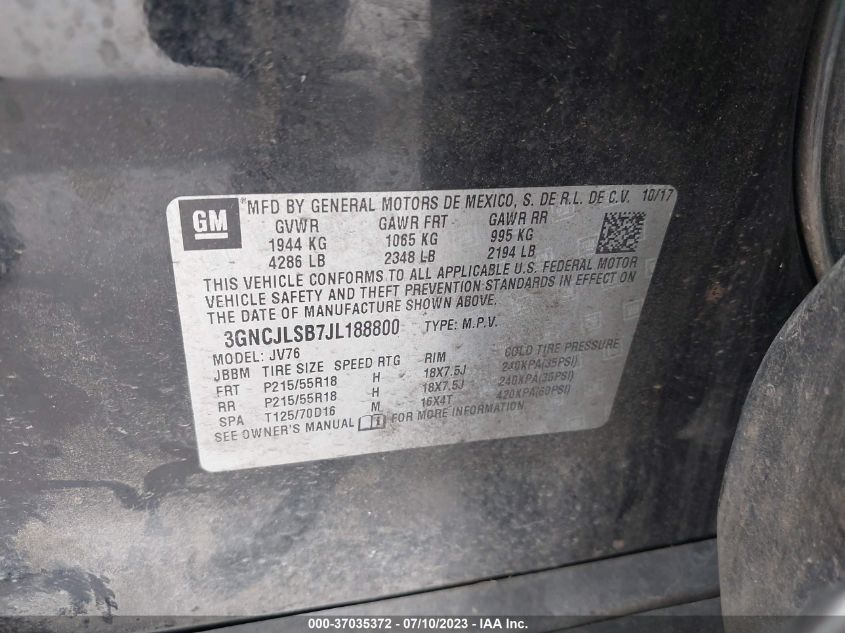 2018 CHEVROLET TRAX LT - 3GNCJLSB7JL188800