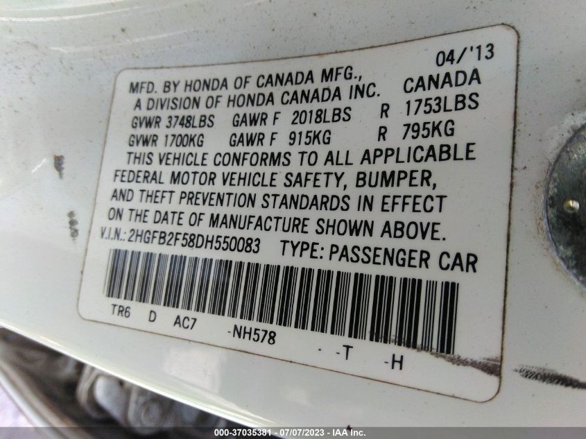 2013 HONDA CIVIC SDN LX - 2HGFB2F58DH550083
