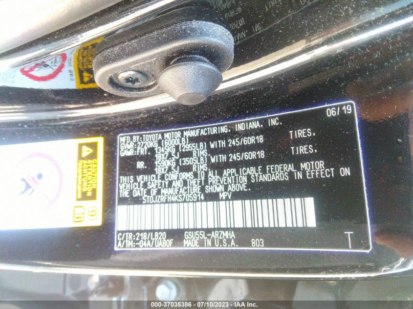 2019 TOYOTA HIGHLANDER SE/XLE - 5TDJZRFH4KS705914