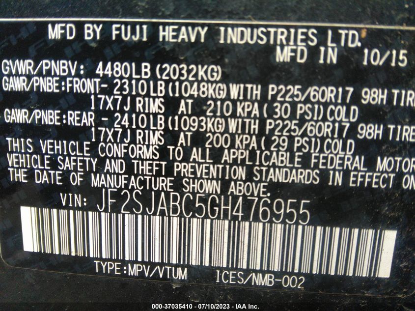 2016 SUBARU FORESTER 2.5I - JF2SJABC5GH476955
