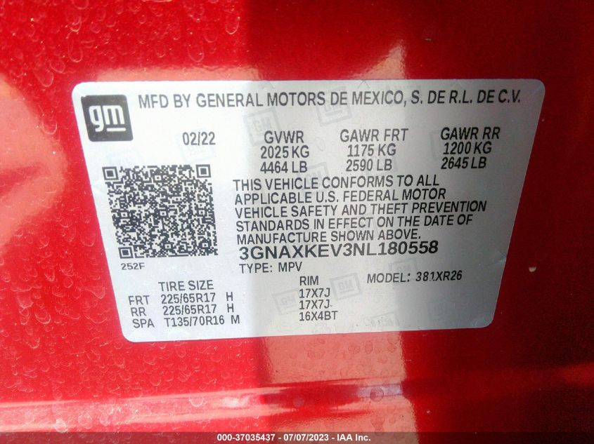 2022 CHEVROLET EQUINOX LT - 3GNAXKEV3NL180558