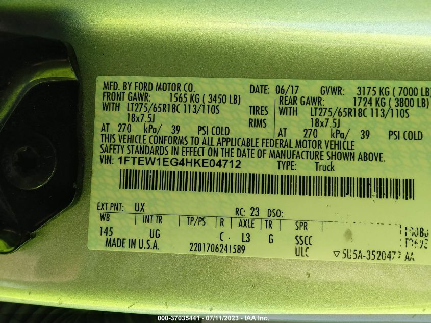 2017 FORD F-150 XL/XLT/LARIAT - 1FTEW1EG4HKE04712