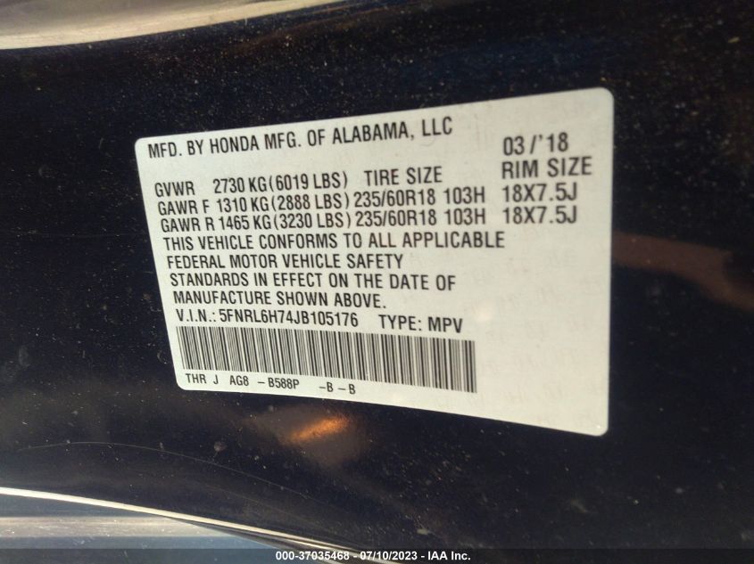 2018 HONDA ODYSSEY EX-L - 5FNRL6H74JB105176