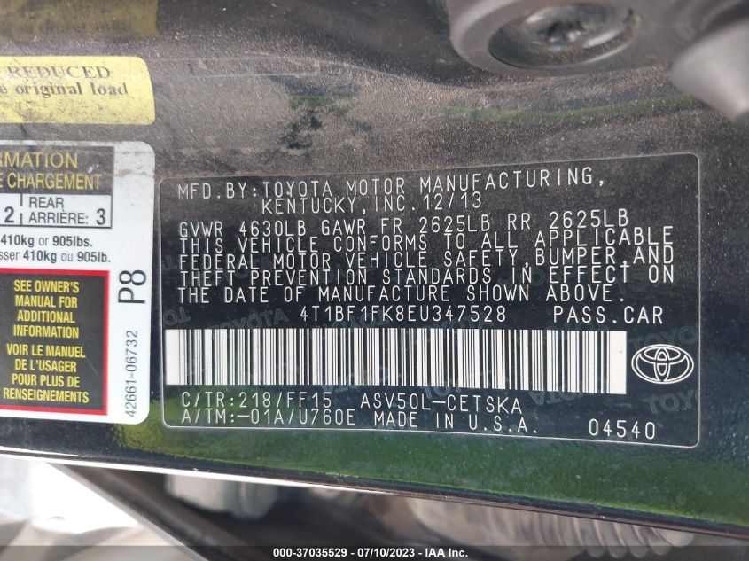 2014 TOYOTA CAMRY L/LE/XLE/SE/SE SPORT - 4T1BF1FK8EU347528