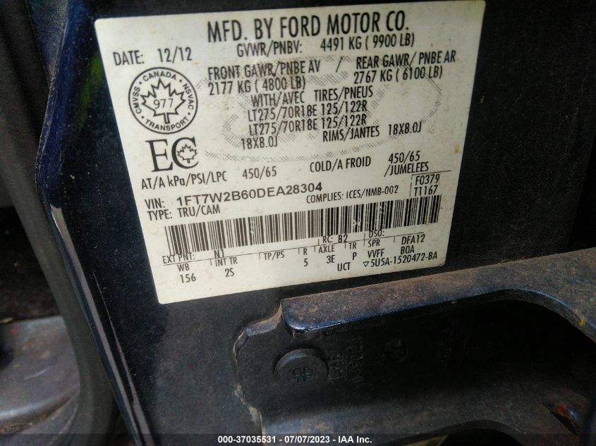 2013 FORD SUPER DUTY F-250 SRW XL/XLT/LARIAT - 1FT7W2B60DEA28304
