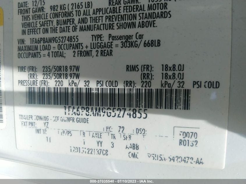 2016 FORD MUSTANG V6 - 1FA6P8AM9G5274855