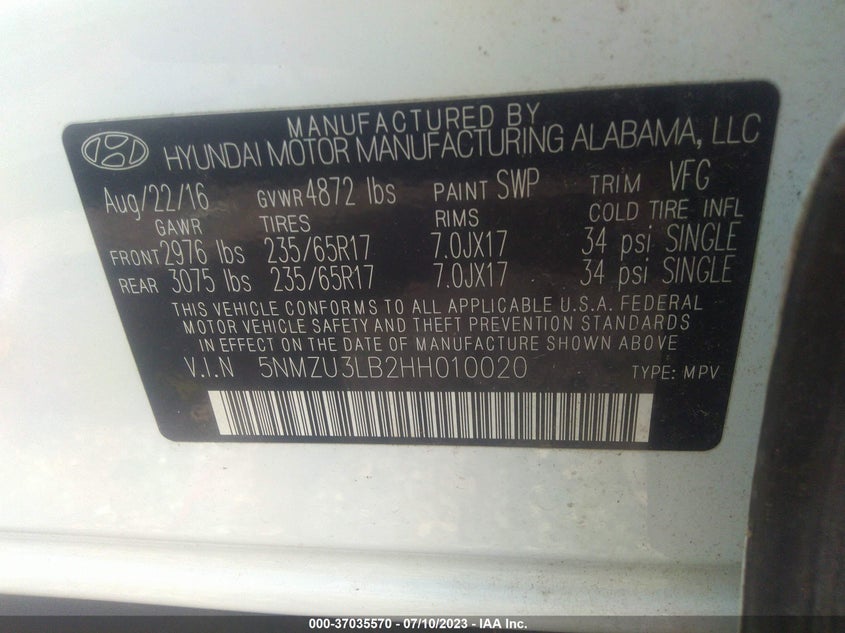 VIN 5NMZU3LB2HH010020 2017 HYUNDAI SANTA FE SPORT 2.4L