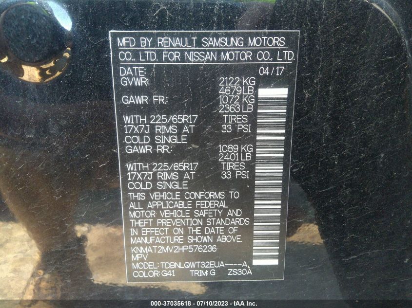 2017 NISSAN ROGUE S/SV - KNMAT2MV2HP576236