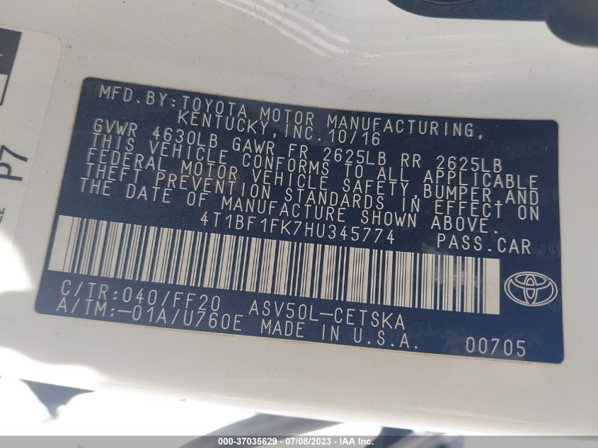 2017 TOYOTA CAMRY LE/XLE/SE/XSE - 4T1BF1FK7HU345774