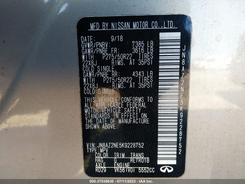 2019 INFINITI QX80 LUXE - JN8AZ2NE5K9228752