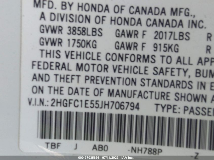 2018 HONDA CIVIC SI SEDAN - 2HGFC1E55JH706794