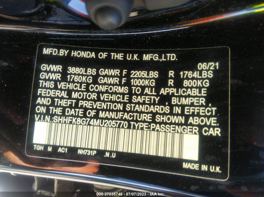2021 HONDA CIVIC TYPE R TOURING - SHHFK8G74MU205770