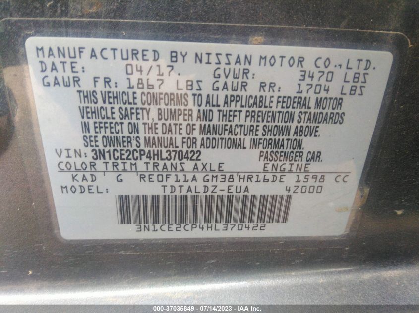 2017 NISSAN VERSA NOTE SV - 3N1CE2CP4HL370422