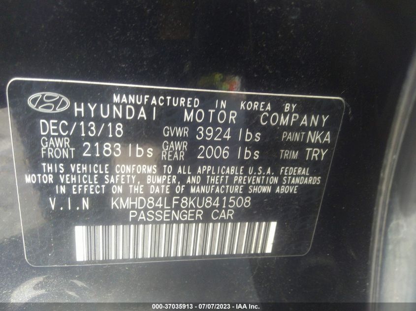 2019 HYUNDAI ELANTRA SEL/VALUE/LIMITED - KMHD84LF8KU841508