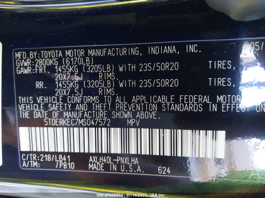 2021 TOYOTA SIENNA LIMITED/PLATINUM - 5TDERKEC7MS047572