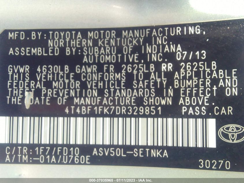 2013 TOYOTA CAMRY L/SE/LE/XLE - 4T4BF1FK7DR329851