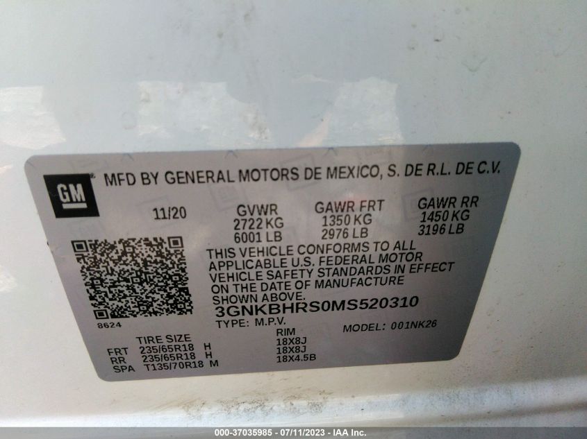 2021 CHEVROLET BLAZER LT - 3GNKBHRS0MS520310