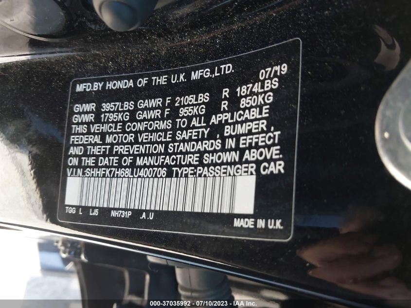 2020 HONDA CIVIC HATCHBACK EX - SHHFK7H68LU400706