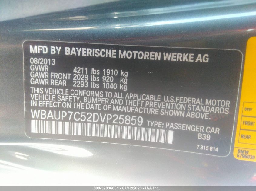 2013 BMW 1 SERIES 128I WBAUP7C52DVP25859