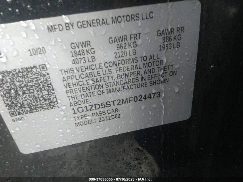 2021 CHEVROLET MALIBU LT - 1G1ZD5ST2MF024473