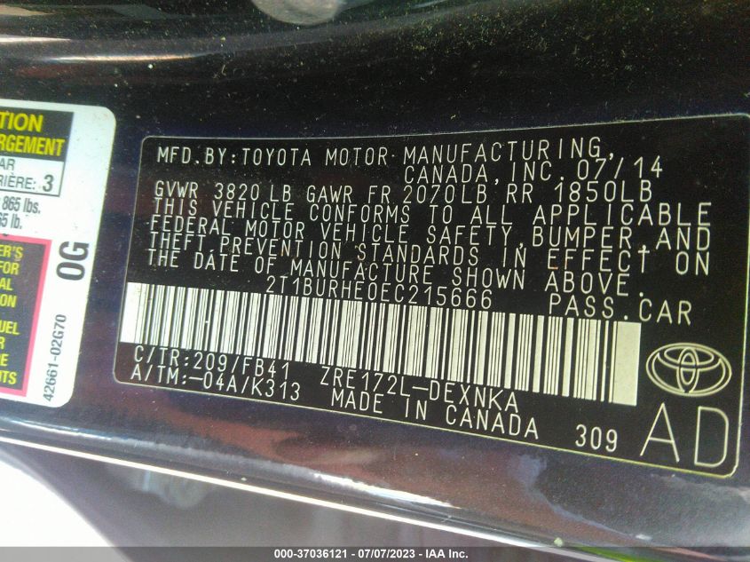 2014 TOYOTA COROLLA L/LE/LE PLS/PRM/S/S PLS - 2T1BURHE0EC215666
