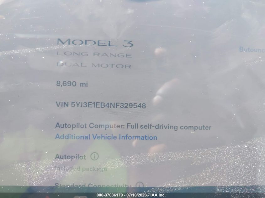 2022 TESLA MODEL 3 LONG RANGE - 5YJ3E1EB4NF329548