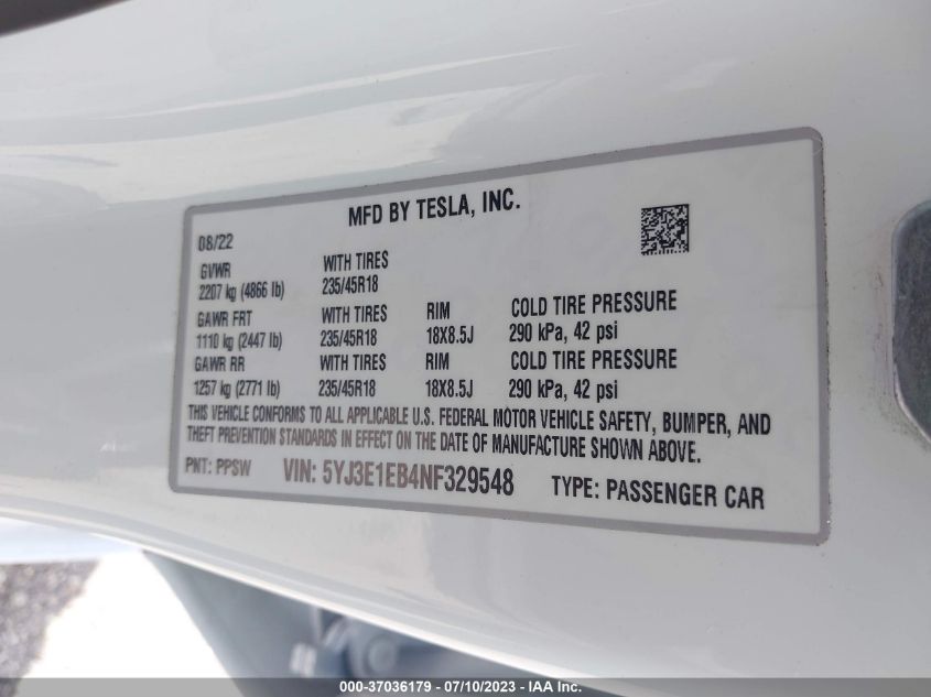 2022 TESLA MODEL 3 LONG RANGE - 5YJ3E1EB4NF329548