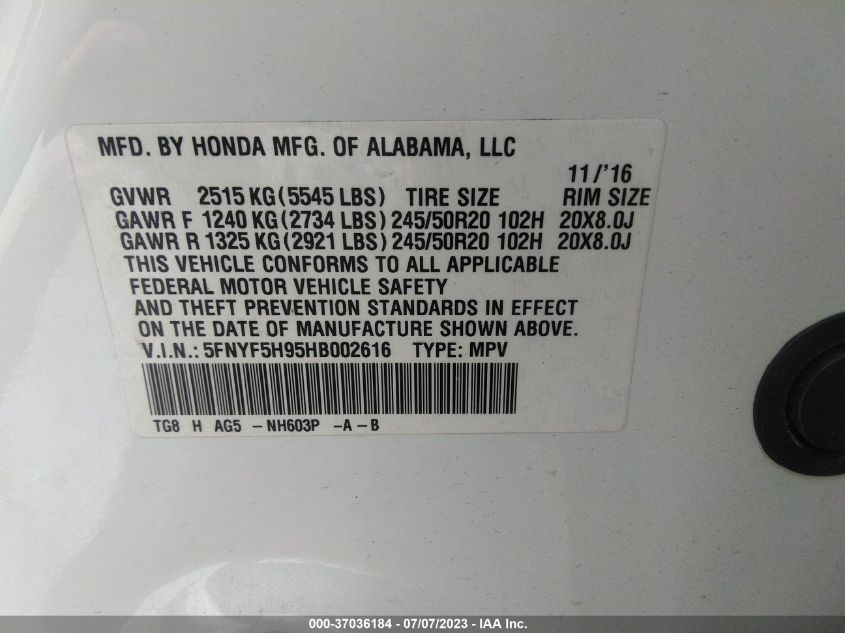 2017 HONDA PILOT TOURING - 5FNYF5H95HB002616