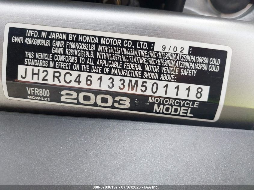 2003 HONDA VFR800 JH2RC46133M501118