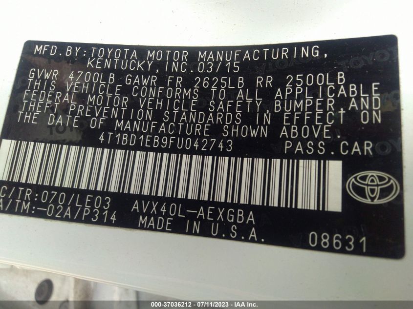 2015 TOYOTA AVALON HYBRID XLE TOURING/LIMITED 4T1BD1EB9FU042743