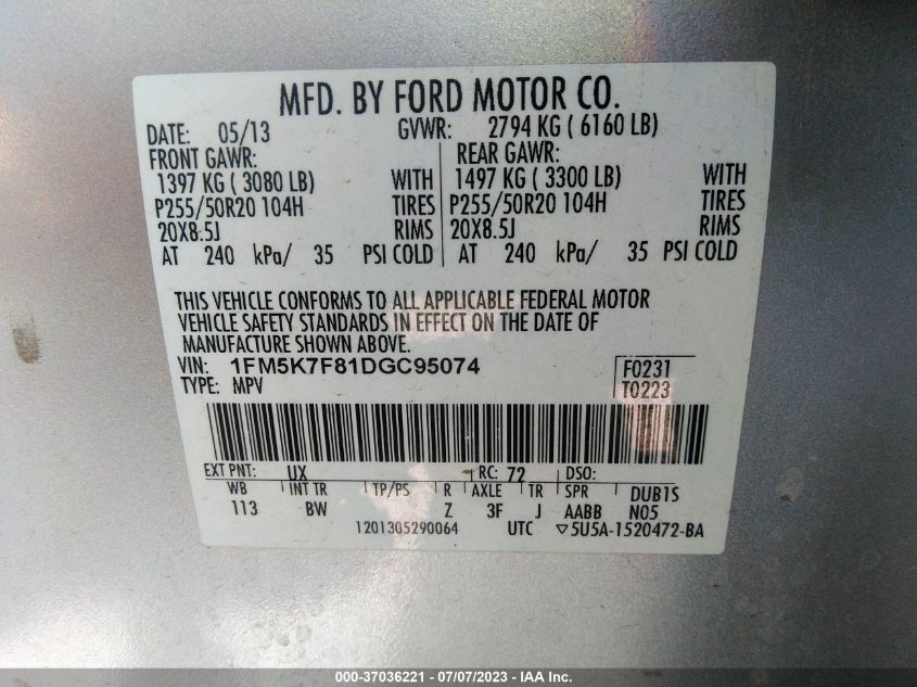 2013 FORD EXPLORER LIMITED - 1FM5K7F81DGC95074