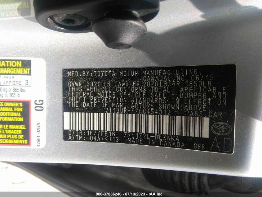 2015 TOYOTA COROLLA L/LE/S/S PLUS/LE PLUS - 2T1BURHE7FC454312