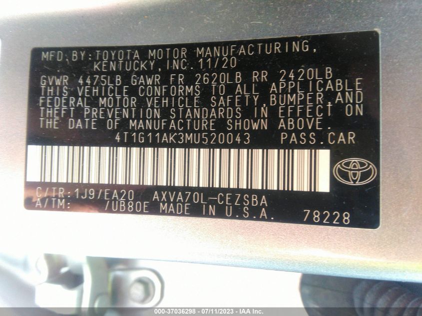 2021 TOYOTA CAMRY SE - 4T1G11AK3MU520043