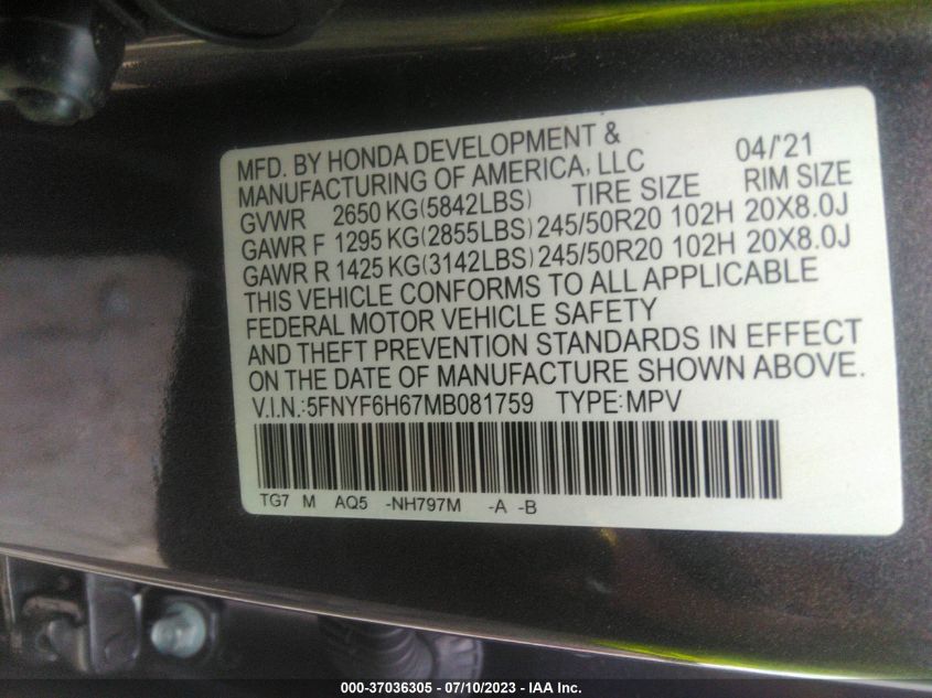2021 HONDA PILOT TOURING 7-PASSENGER - 5FNYF6H67MB081759