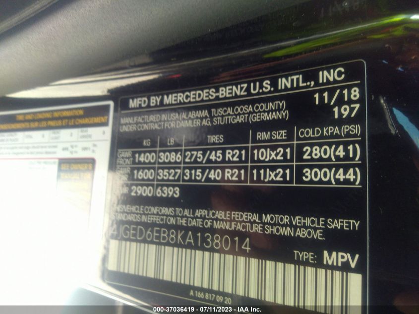 2019 MERCEDES-BENZ GLE AMG GLE 43 - 4JGED6EB8KA138014