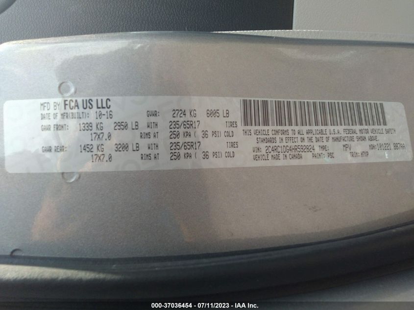 2017 CHRYSLER PACIFICA TOURING - 2C4RC1DG4HR592824