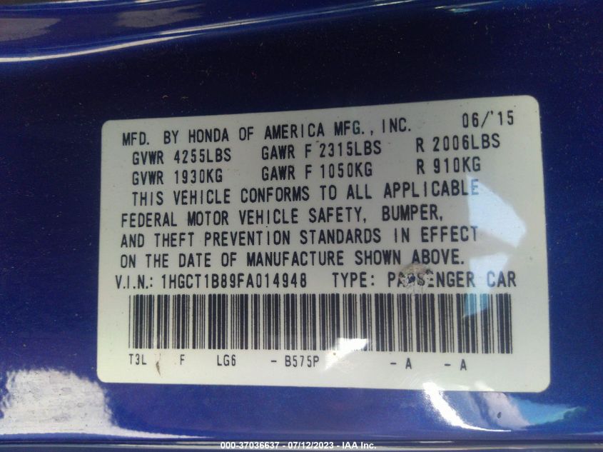 2015 HONDA ACCORD COUPE EX-L - 1HGCT1B89FA014948