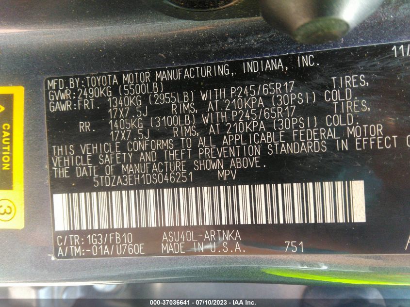 2013 TOYOTA HIGHLANDER - 5TDZA3EH1DS046251