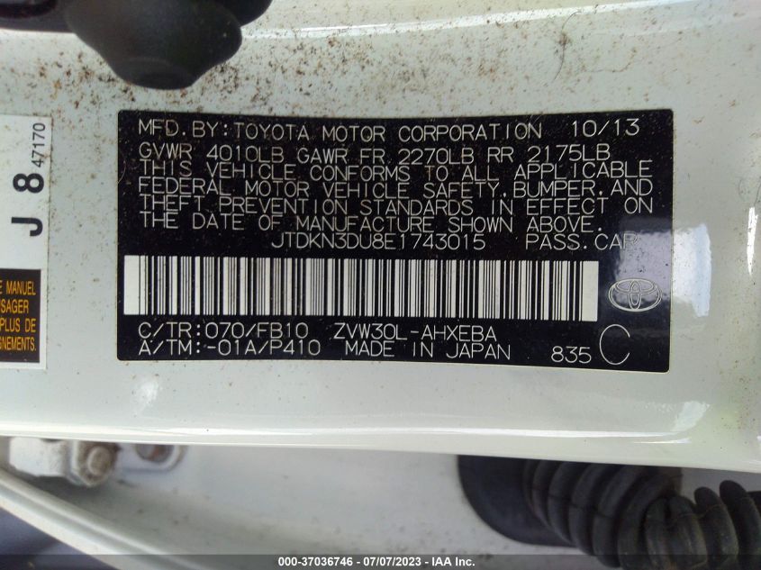 2014 TOYOTA PRIUS FOUR/FIVE/THREE/ONE/TWO - JTDKN3DU8E1743015