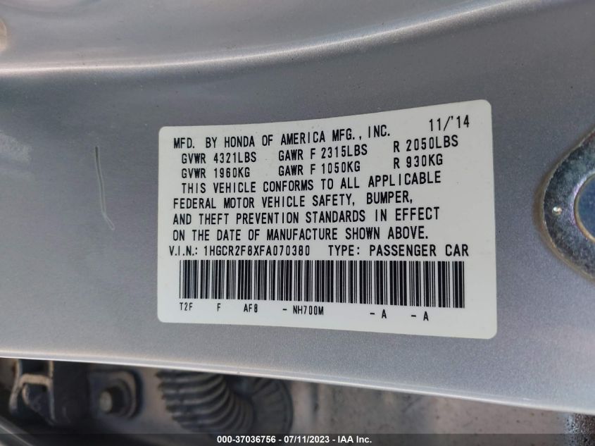 2015 HONDA ACCORD SEDAN EX-L - 1HGCR2F8XFA070380
