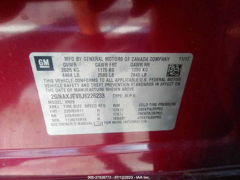 2018 CHEVROLET EQUINOX LT - 2GNAXJEV8J6226233