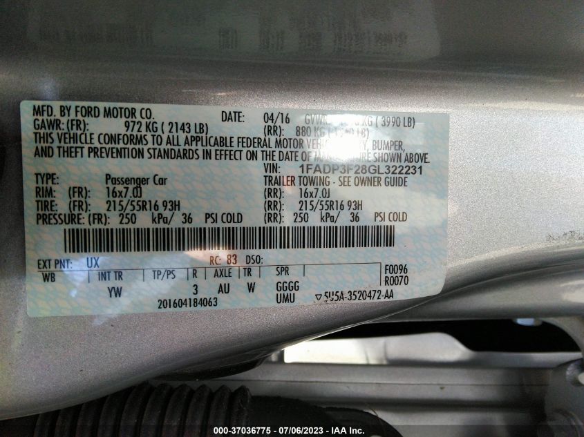 2016 FORD FOCUS SE - 1FADP3F28GL322231