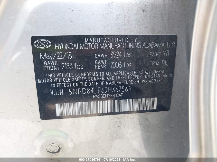 VIN 5NPD84LF6JH367569 2018 HYUNDAI ELANTRA SEL