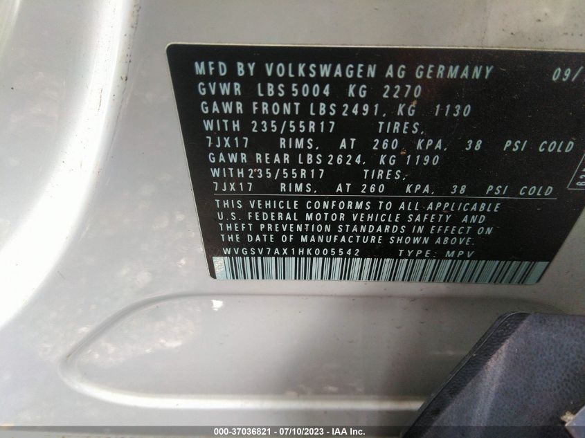 2017 VOLKSWAGEN TIGUAN WOLFSBURG EDITION - WVGSV7AX1HK005542