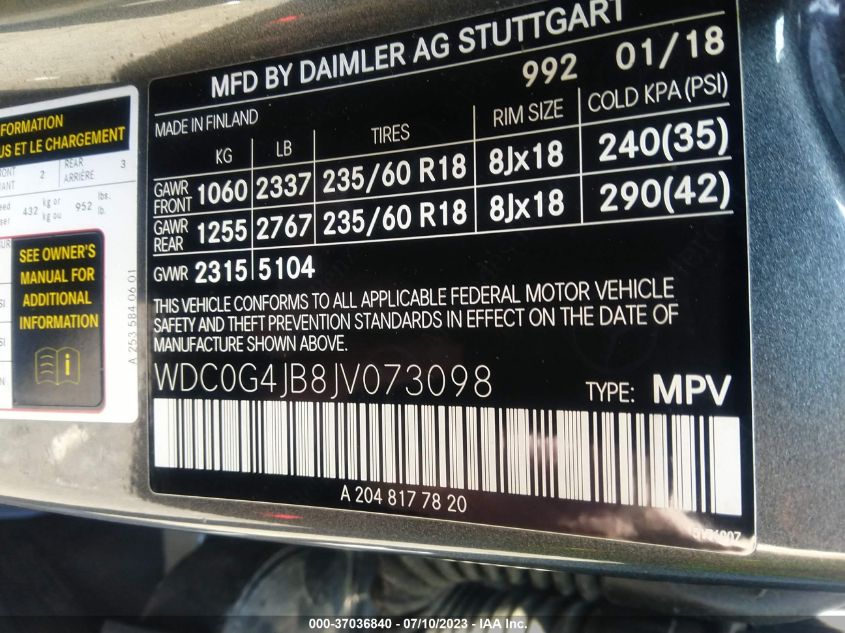 2018 MERCEDES-BENZ GLC 300 - WDC0G4JB8JV073098